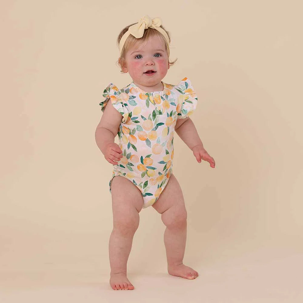 Snuggle Hunny Kids - Short Sleeve Frill Organic Bodysuit | Sunny Citrus