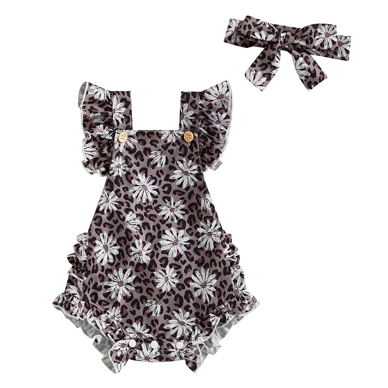 Lydia Frill Romper & Matching Headwrap | Leopard Floral