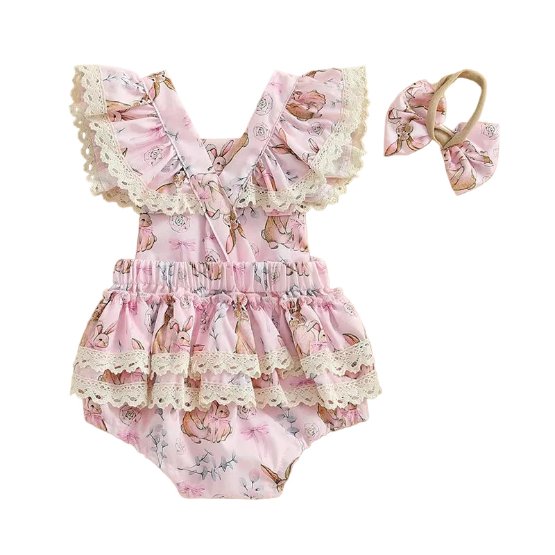 Cross Back Easter Romper | Pink Bunny