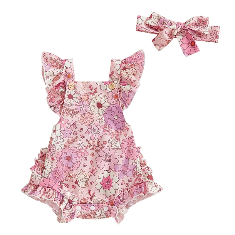 Lydia Frill Romper & Matching Headwrap | Pink Floral