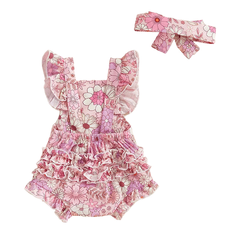 Lydia Frill Romper & Matching Headwrap | Pink Floral