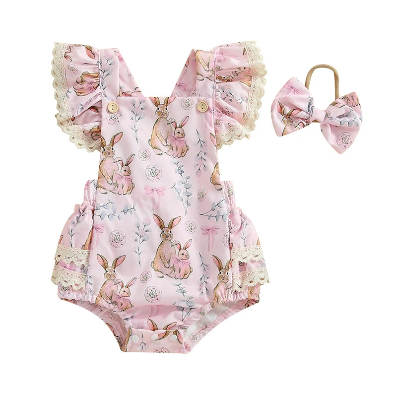 Cross Back Easter Romper | Pink Bunny
