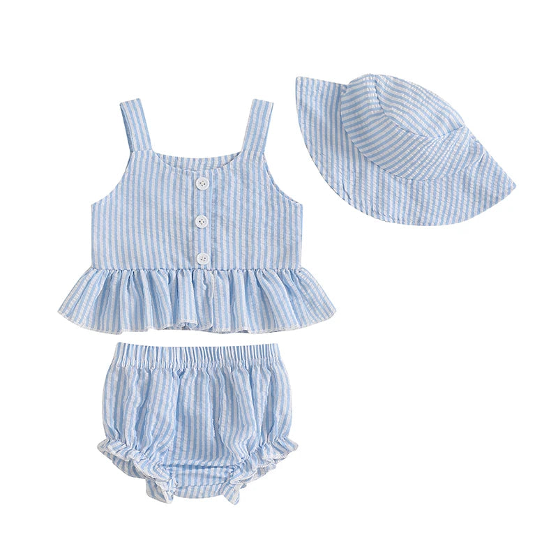 Peplum Summer Stripe Set & Hat  | Blue