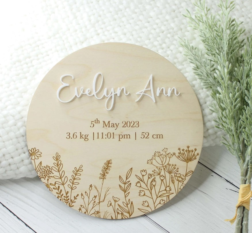 Meridian Etch - Personalised Wooden Birth Announcement | Flowers