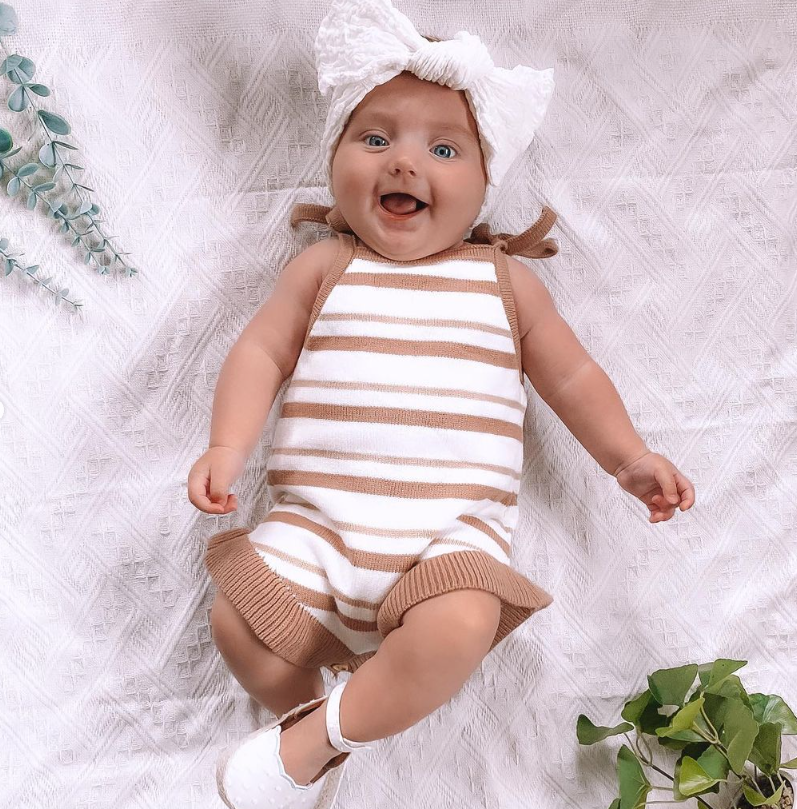 Brown Stripes Frilly Knit Romper