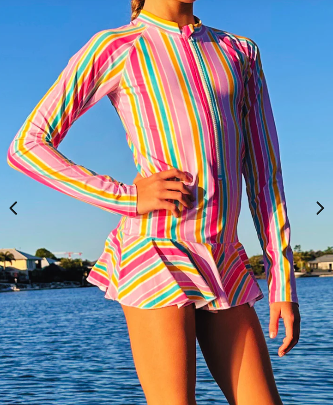 ZipMAE Swimwear - Girls Long Sleeve Swim Suit | Rainbow Rush