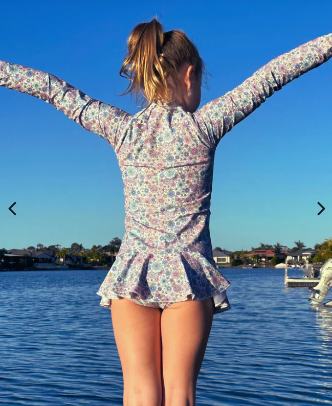 ZipMAE Swimwear - Girls Long Sleeve Swim Suit | Violet Blossom