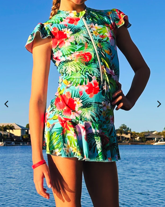 ZipMAE Swimwear - Girls Cap Sleeve Swim Suit | Tropical Twist