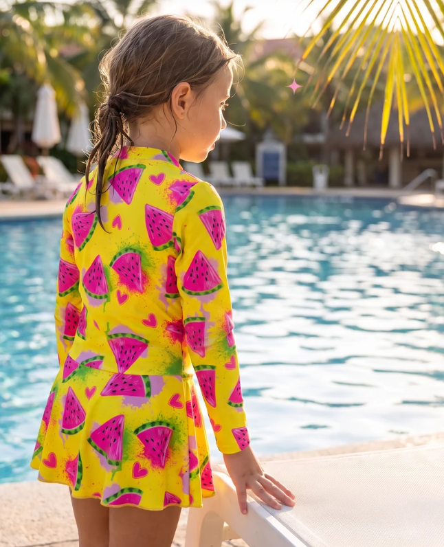ZipMAE Swimwear - Girls Long Sleeve Swim Suit | Melon Mania
