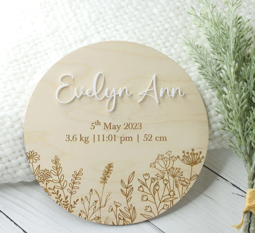 Meridian Etch - Personalised Wooden Birth Announcement | Flowers