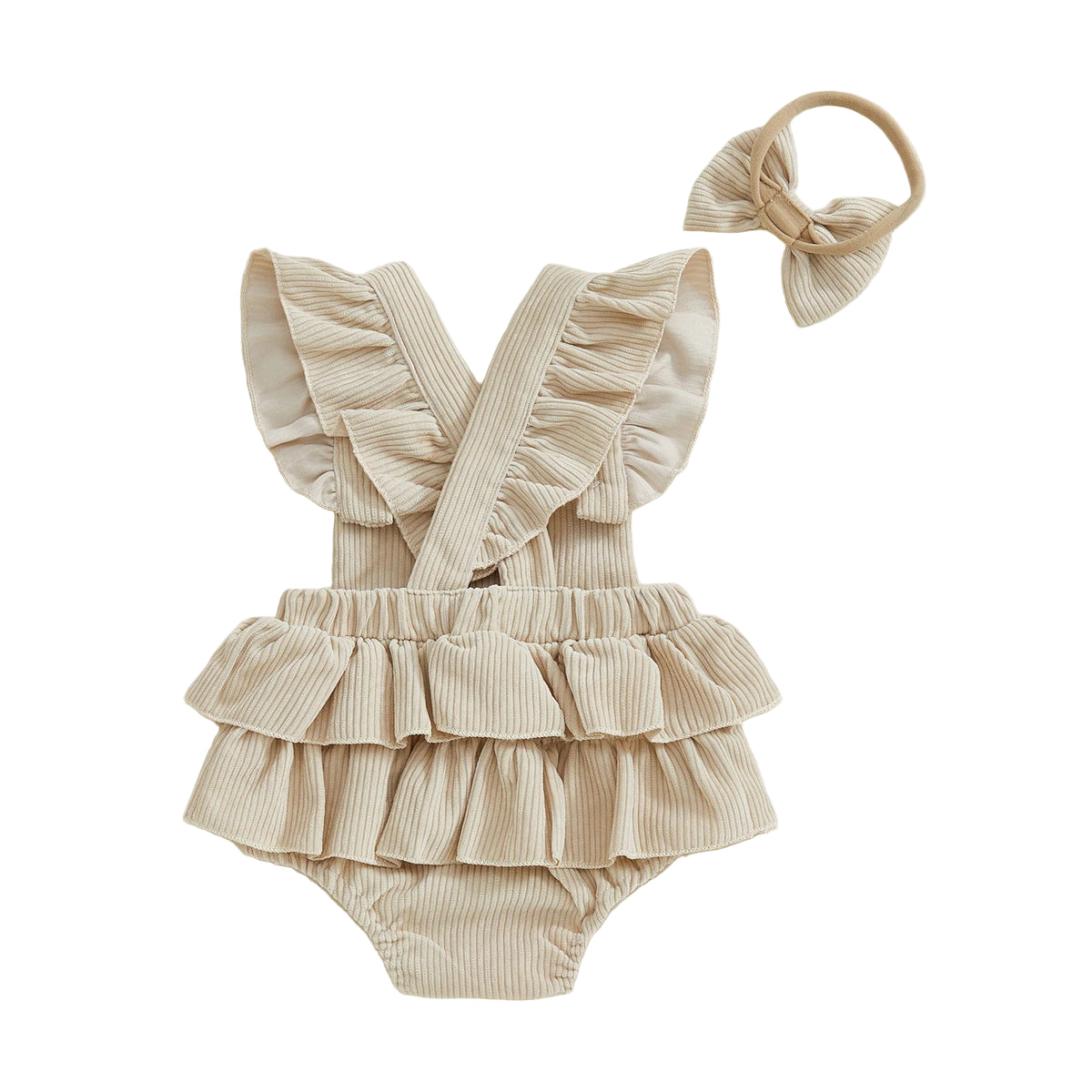 Soft Corduroy Cross Back Romper | Beige