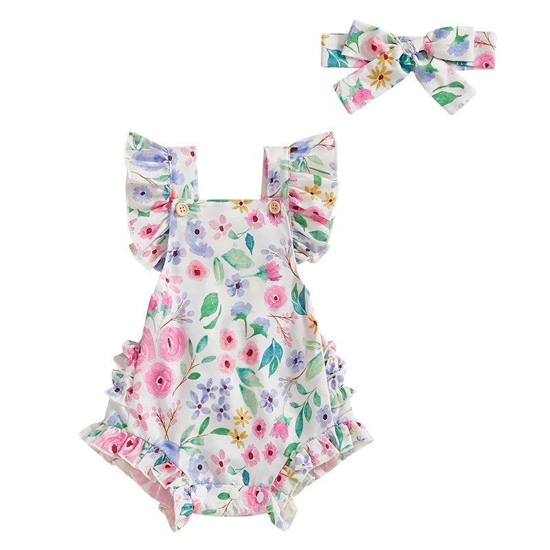 Lydia Frill Romper & Matching Headwrap | Bright Floral