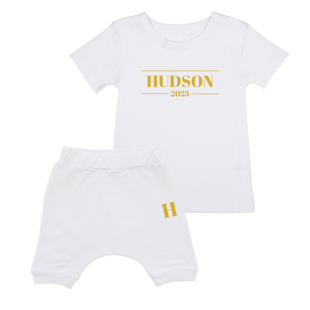 MLW By Design - Personalised Signature Short Set | White with Gold Print | Limited Edition