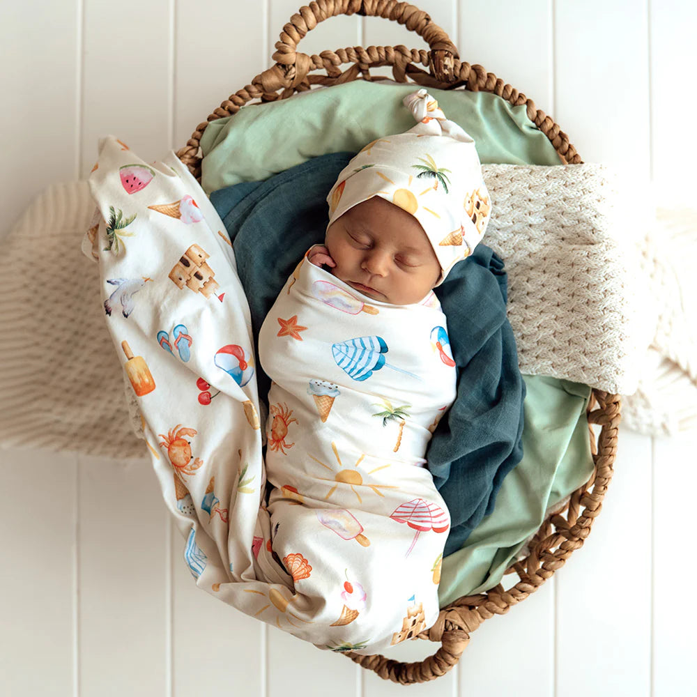 Snuggle Hunny Kids - Organic Baby Jersey Wrap & Beanie Set | Beach Fun