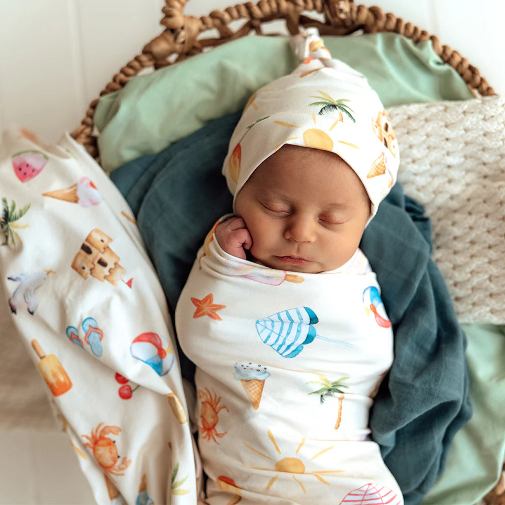 Snuggle Hunny Kids - Organic Baby Jersey Wrap & Beanie Set | Beach Fun