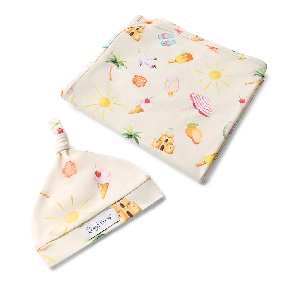 Snuggle Hunny Kids - Organic Baby Jersey Wrap & Beanie Set | Beach Fun