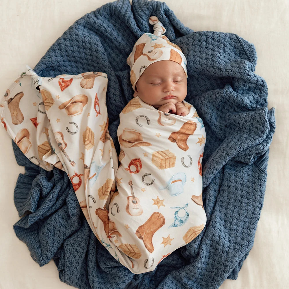 Snuggle Hunny Kids - Organic Baby Jersey Wrap & Beanie Set | Cowboys