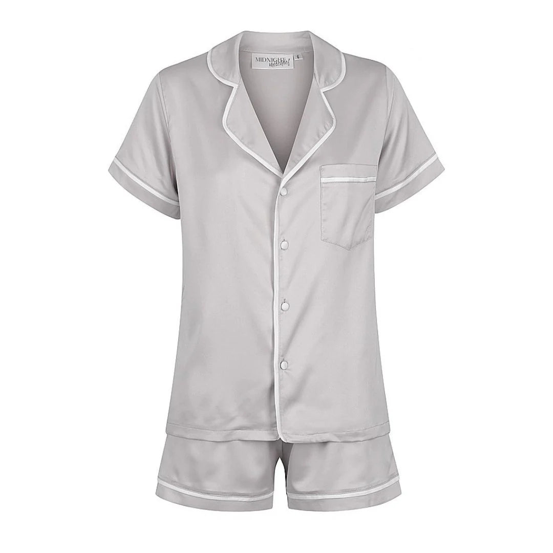 Midnight Mischief - Baby & Kids Luxe Satin Personalised Short Sleeve Pyjama Set | Grey & White