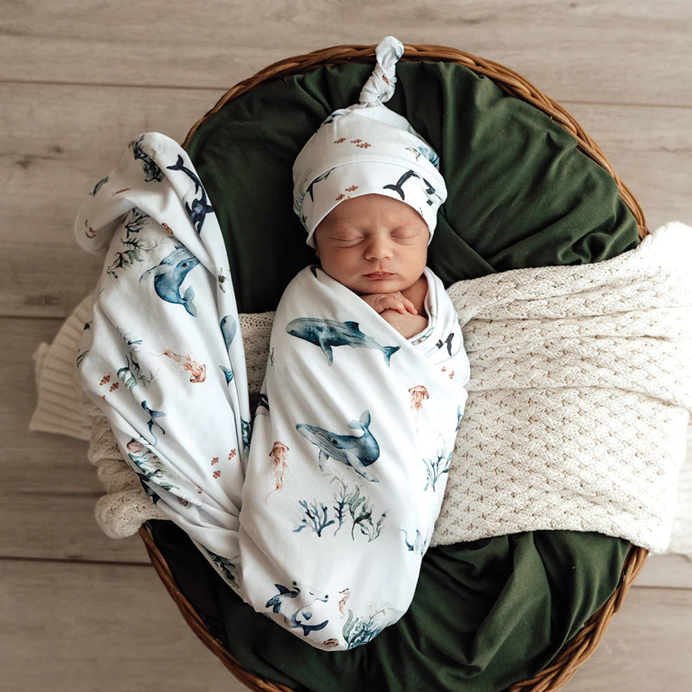 Snuggle Hunny Kids - Organic Baby Jersey Wrap & Beanie Set | Ocean