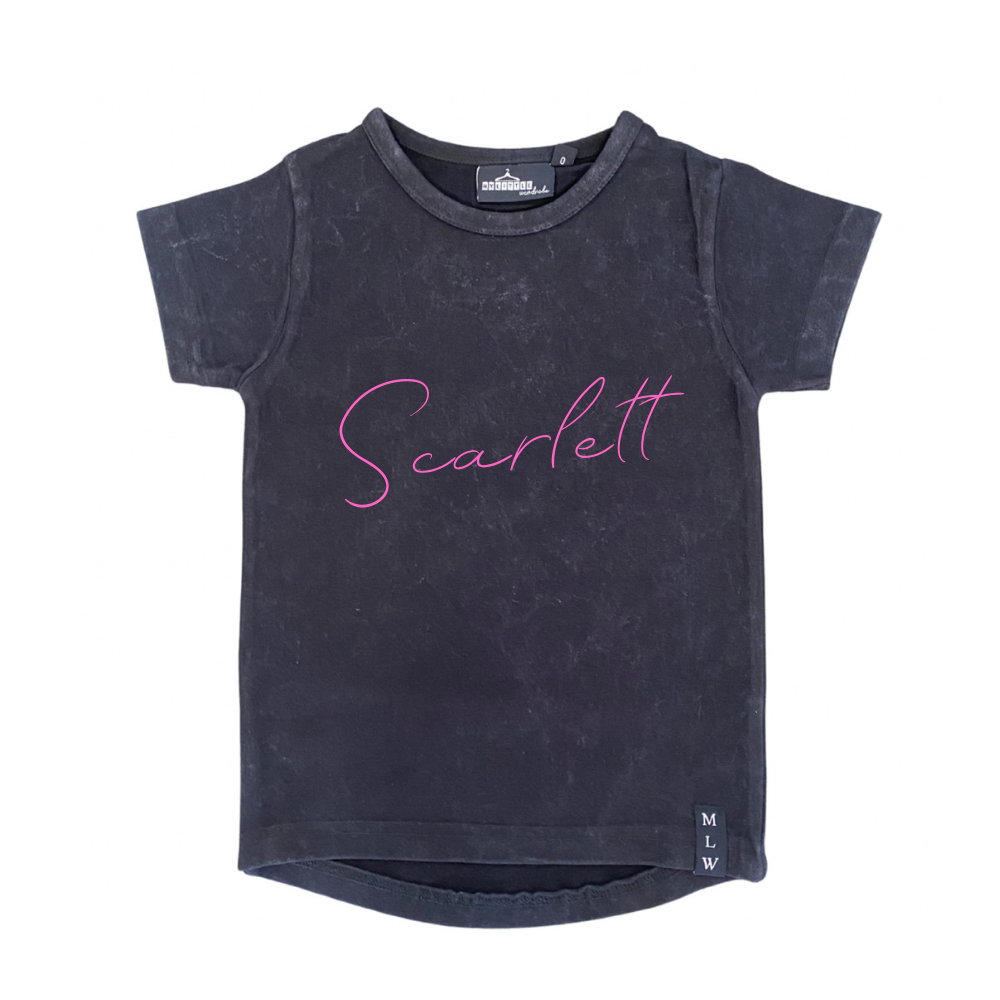 MLW By Design - Black Stonewash Pink Script Personalised Tee