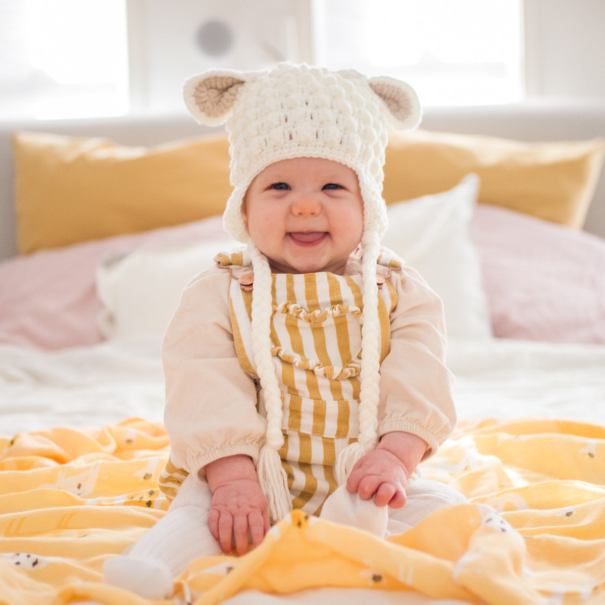 Tinker Tot Baby - Handmade Crochet Beanie – Lamb with Tan/Brown Ears