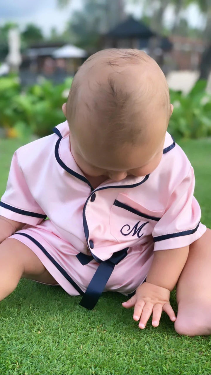 Midnight Mischief - Baby & Kids Luxe Satin Personalised Short Sleeve Pyjama Set | Pink & Navy