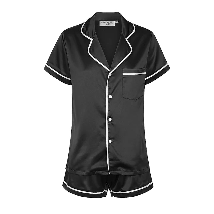 Midnight Mischief - Baby & Kids Luxe Satin Personalised Short Sleeve Pyjama Set | Black & White