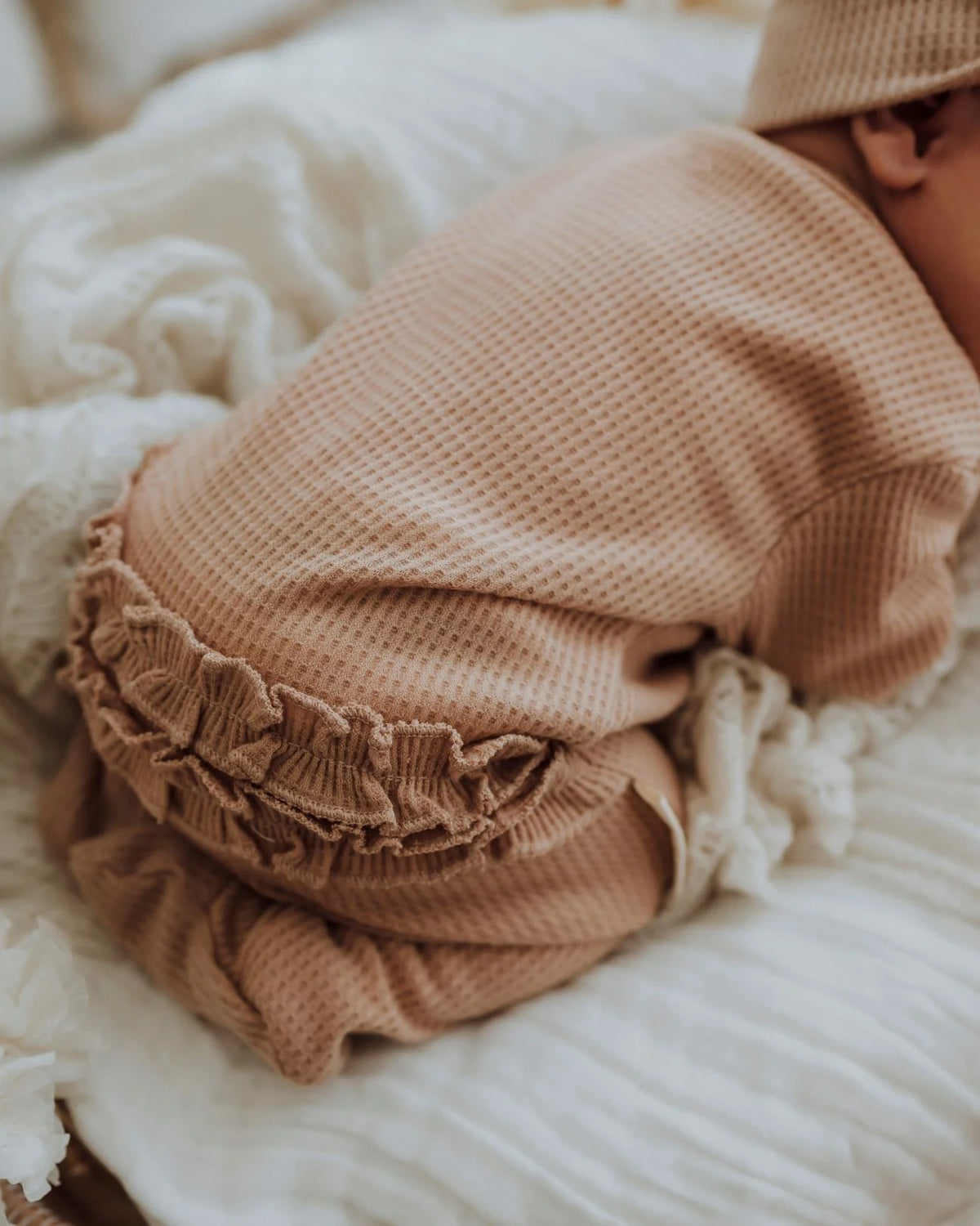 3 Little Crowns - My First Outfit | Waffle Flutter Bum Footed Overalls & Topknot Set | Pecan