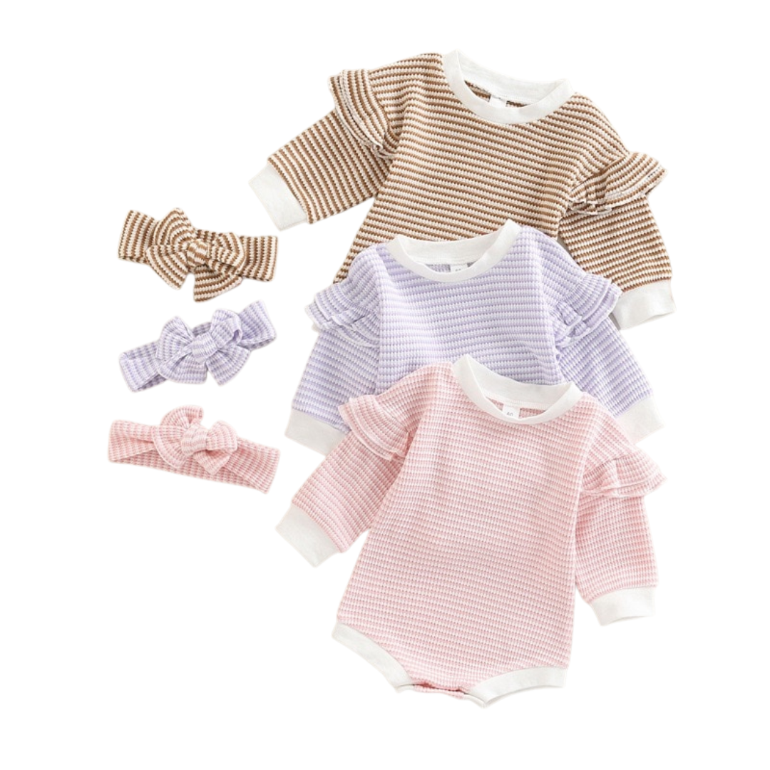 Striped Flutter Bodysuit & Matching Headband | Purple