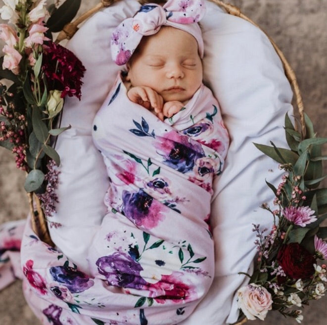Snuggle Hunny Kids - Floral Kiss Baby Jersey Wrap & Topknot Set